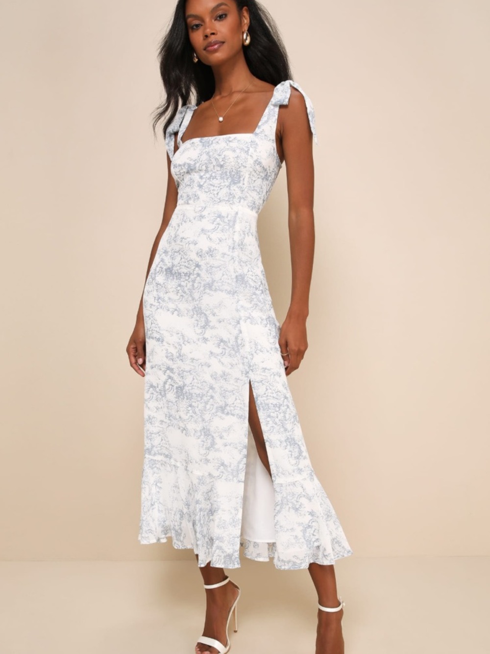 New Lulus White & Blue Toile Tie-Shoulder Midi Dress Sz Large